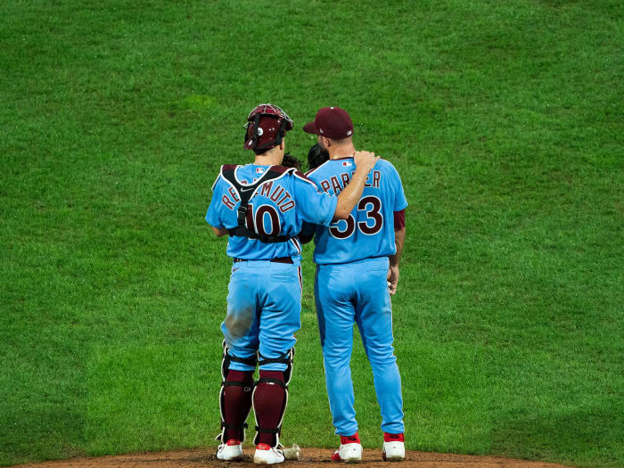 J.T. Realmuto talking to a pitcher